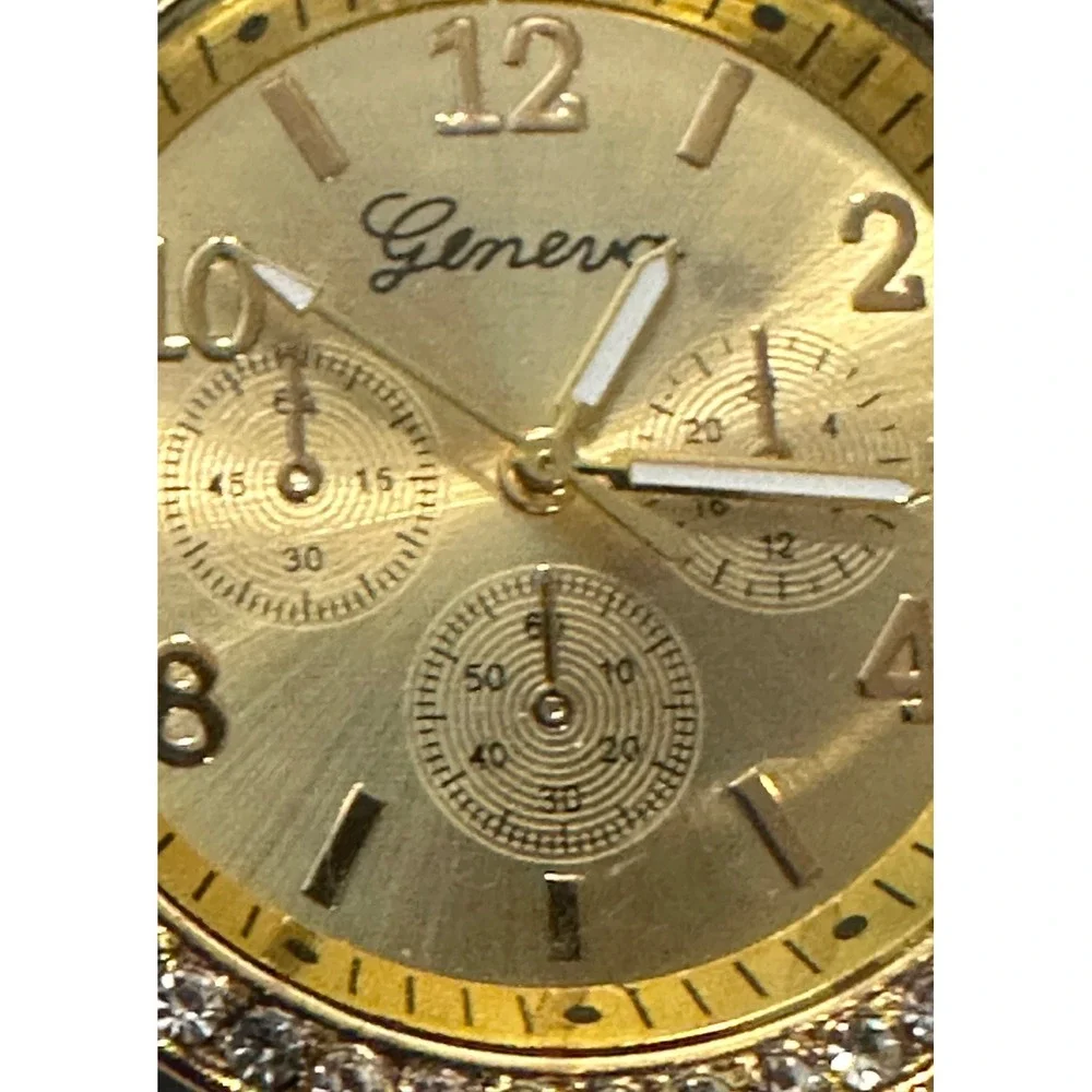 Geneva Gold Tone Rhinestone Bezel Faux‎ Chrono Quartz Analog Women's Wrist Watch